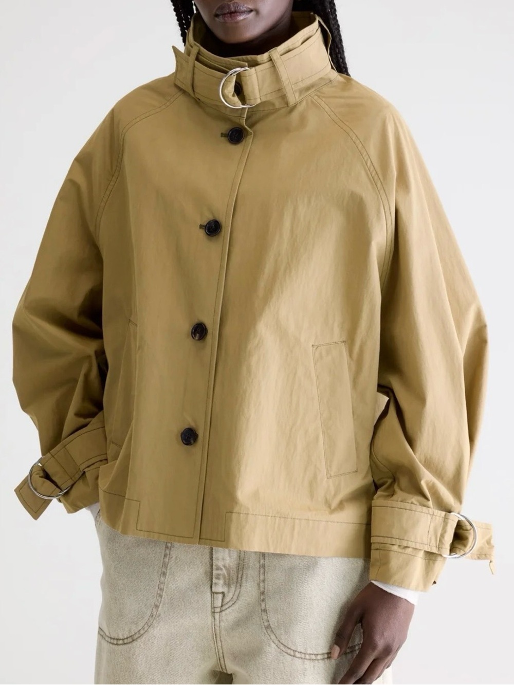 Bellerose Casual Funnel-Neck Short Trench in Khaki